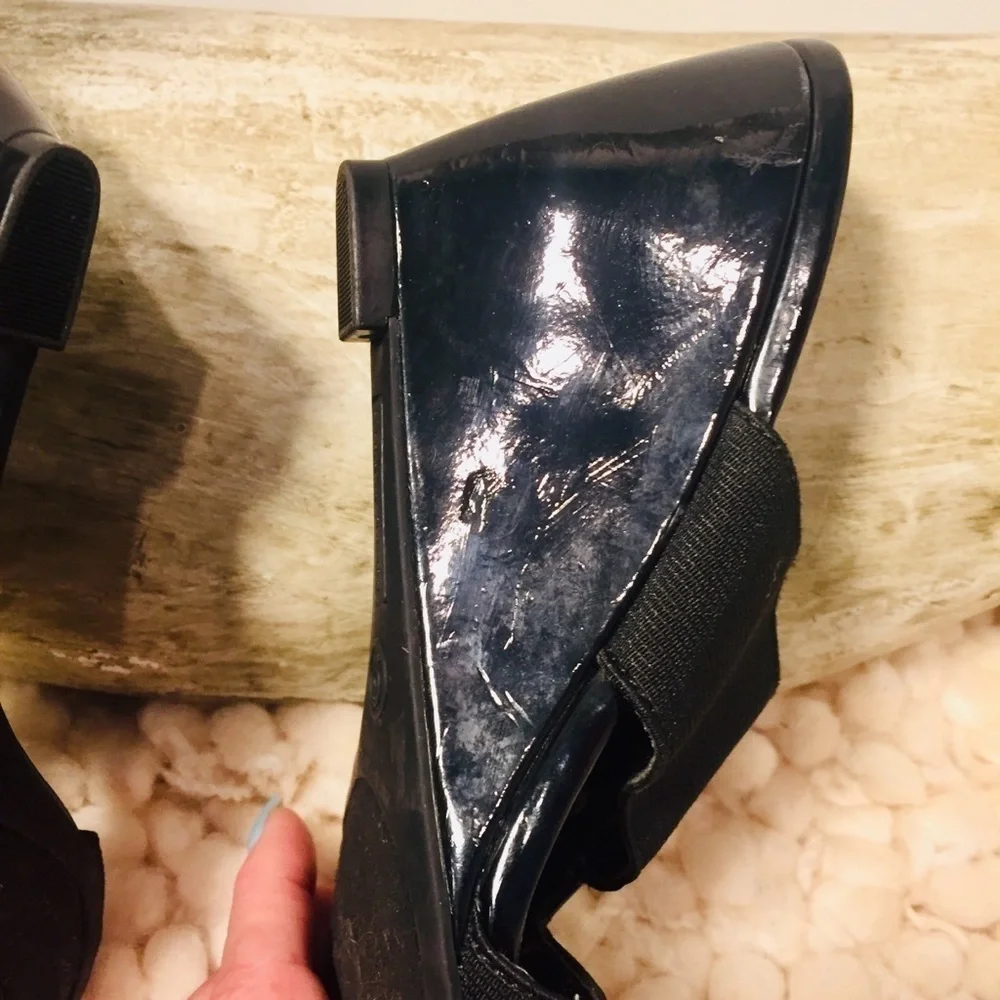 Etienne Aigner | Black Patent Leather Wedge Open Toe Heels 6